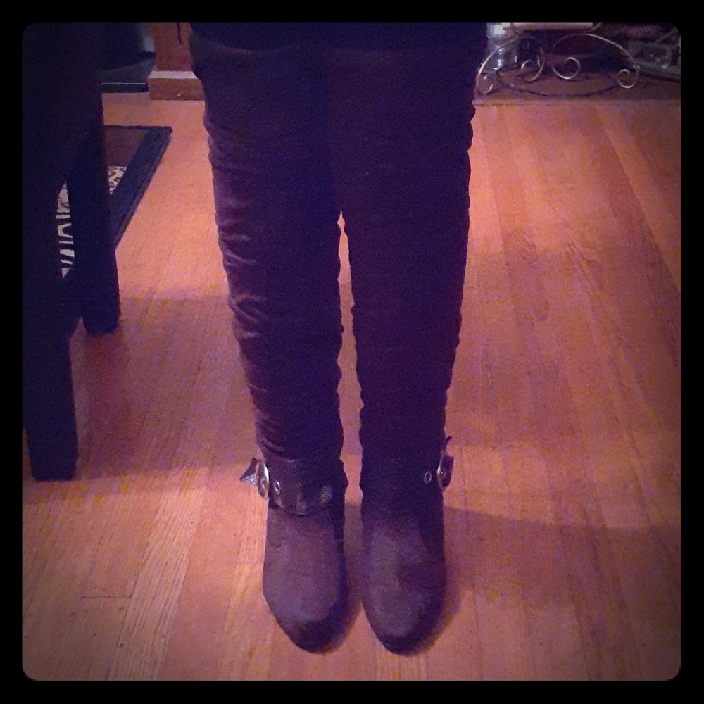 Thigh high flat suede boots